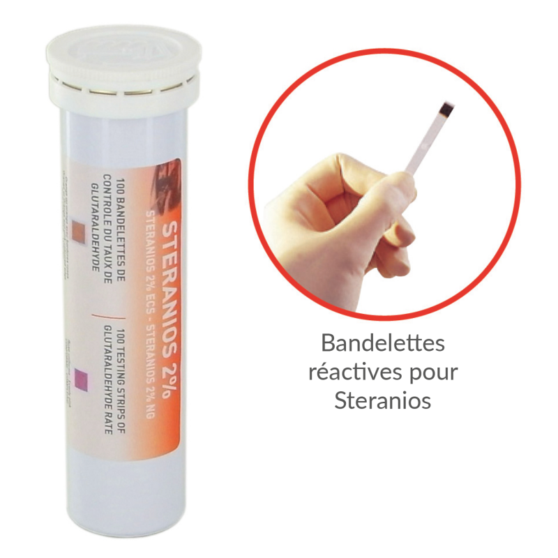 Steranios NG Bandelettes réactives – Tests de contrôle pour désinfectants et solutions de stérilisation